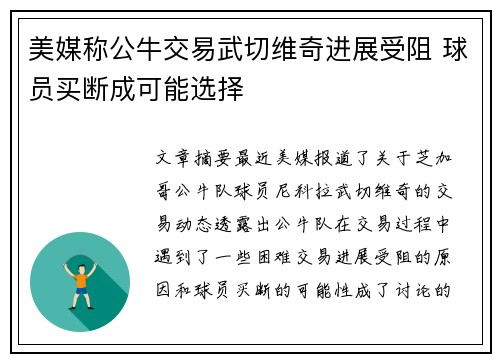 美媒称公牛交易武切维奇进展受阻 球员买断成可能选择